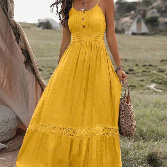 MODA ME COUTURE Dresses & Skirts - Yellow Boho Women's Lace Decorated Cami Maxi Dress